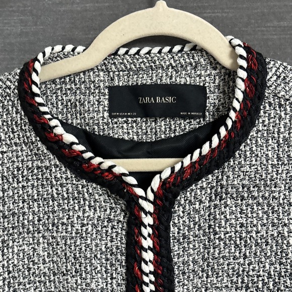 Zara Blazer Jacket M Black Red Tweed Fringe Classic Career Work Office Preppy - Picture 4 of 11